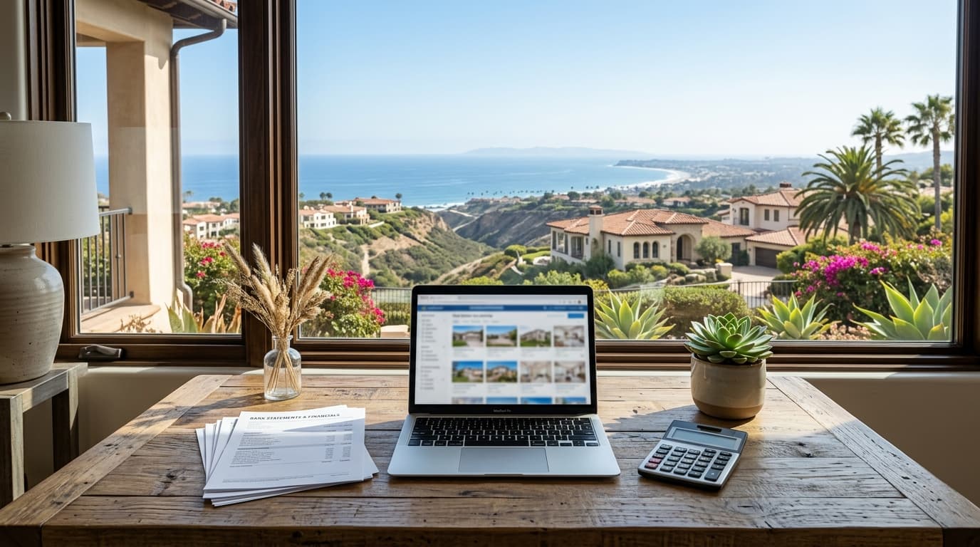 Desk with a laptop, a stack of business bank statements, and a calculator beside a small potted plant