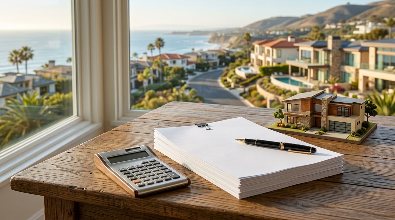 Stack of closing documents with a pen and a miniature house model on a wooden desk beside a calculator