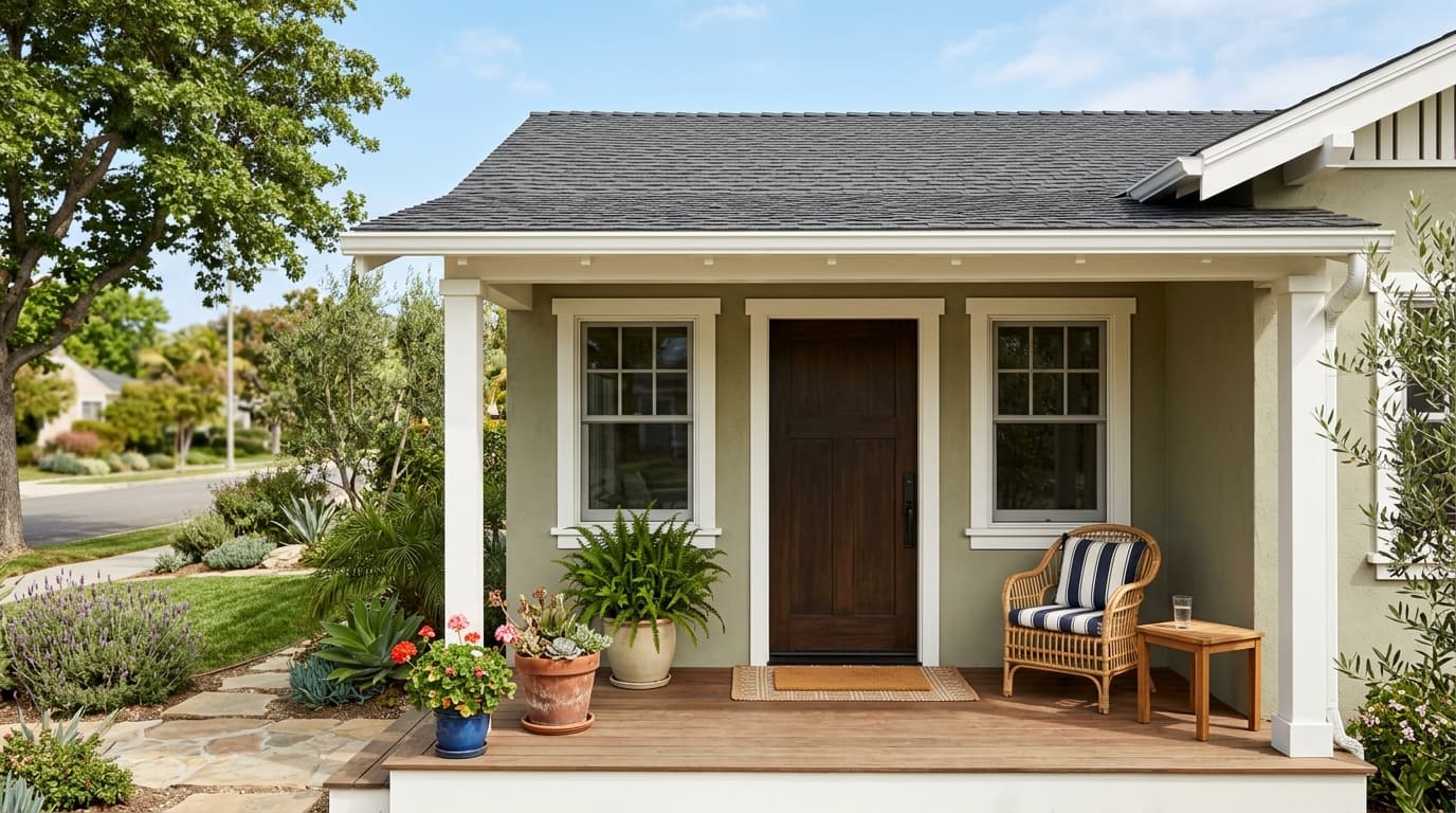 Front door and porch of a modest Orange County bungalow with a welcome mat and potted plants