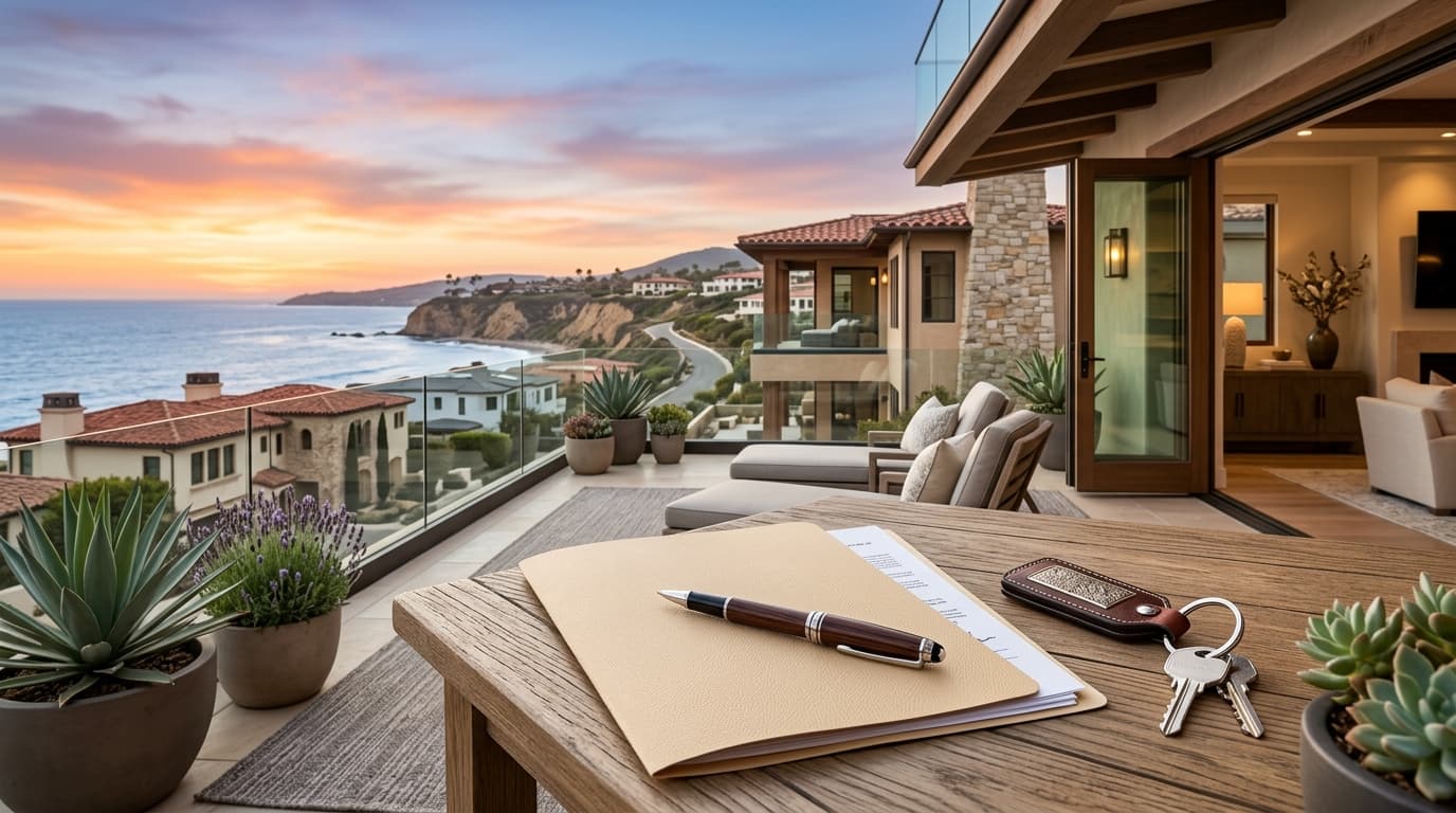 Closing table with a folder of signed escrow documents, a pen, and a set of house keys