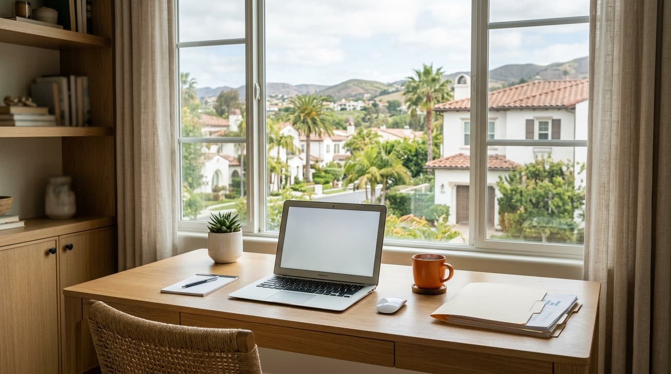 Tidy home office desk with a laptop, a folder of financial statements, and a coffee mug beside a window