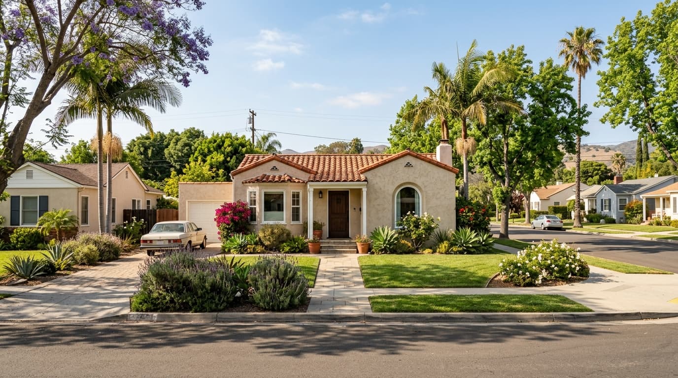 Sunlit single-story stucco home with a small front lawn on a quiet Orange County residential street