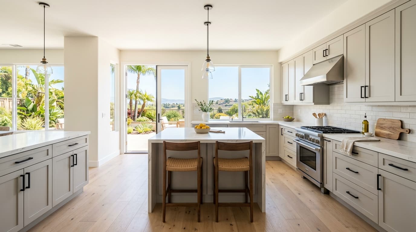 Freshly painted kitchen with updated cabinet hardware and clean countertops in a Southern California home