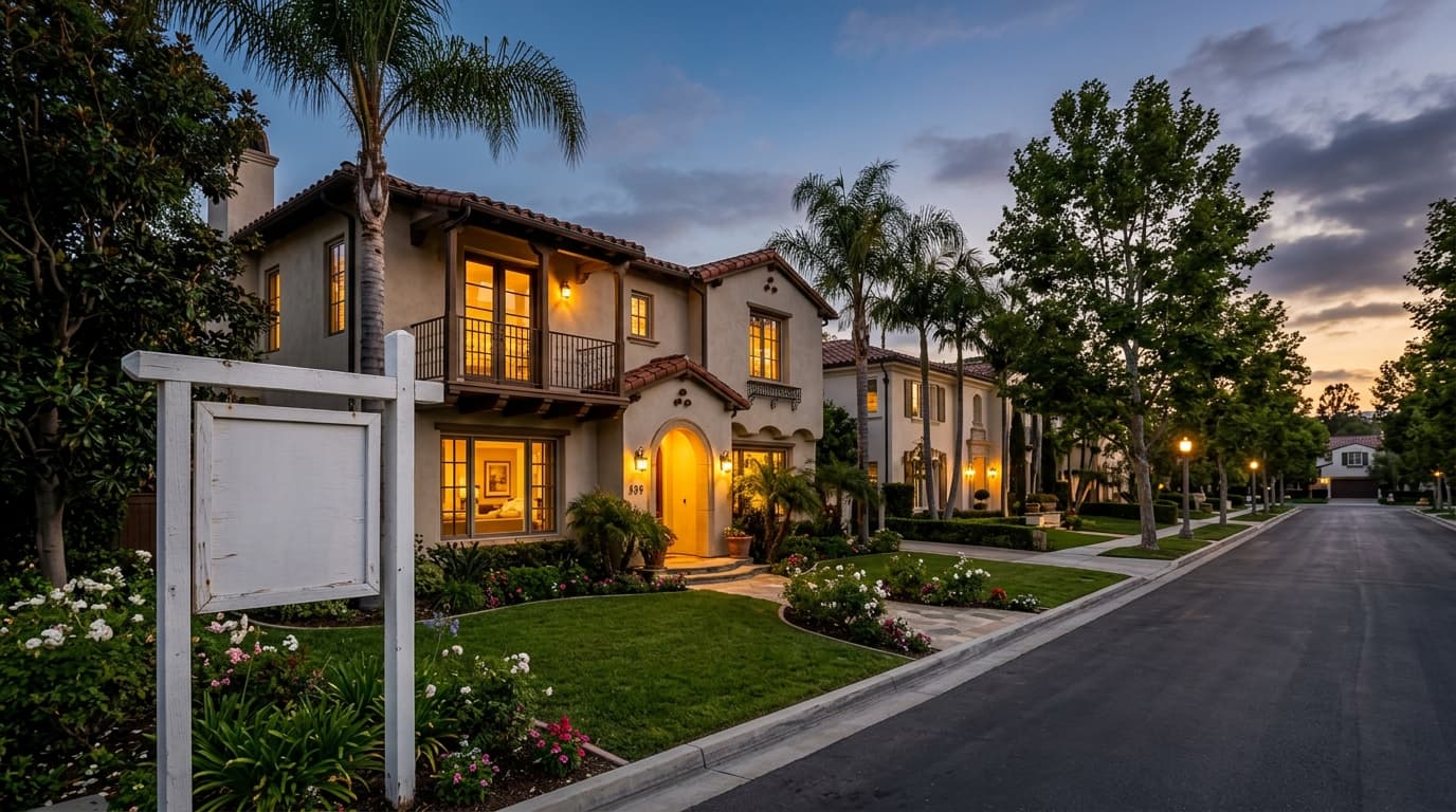 Orange County neighborhood street at dusk with a for-sale sign in front of a two-story home