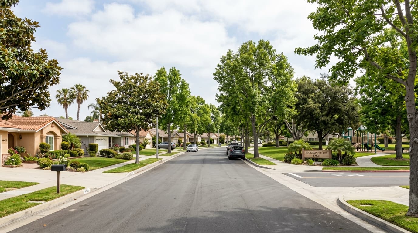 Tree-lined residential street in Fountain Valley with single-story homes and a nearby park entrance in daylight