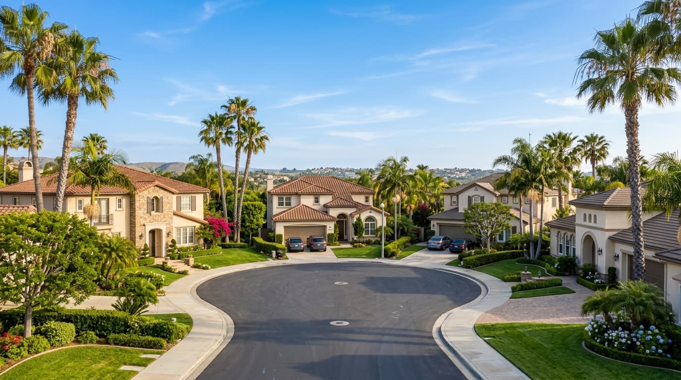 Sunny cul-de-sac in Orange County lined with single-family homes, palm trees, and trimmed hedges