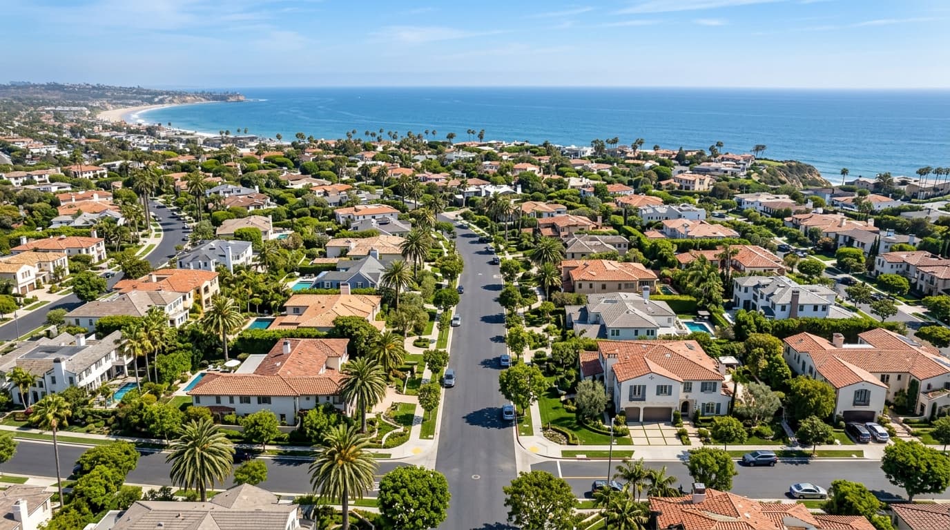 Aerial view of a residential street in coastal Orange County with tree-lined blocks and single-family homes