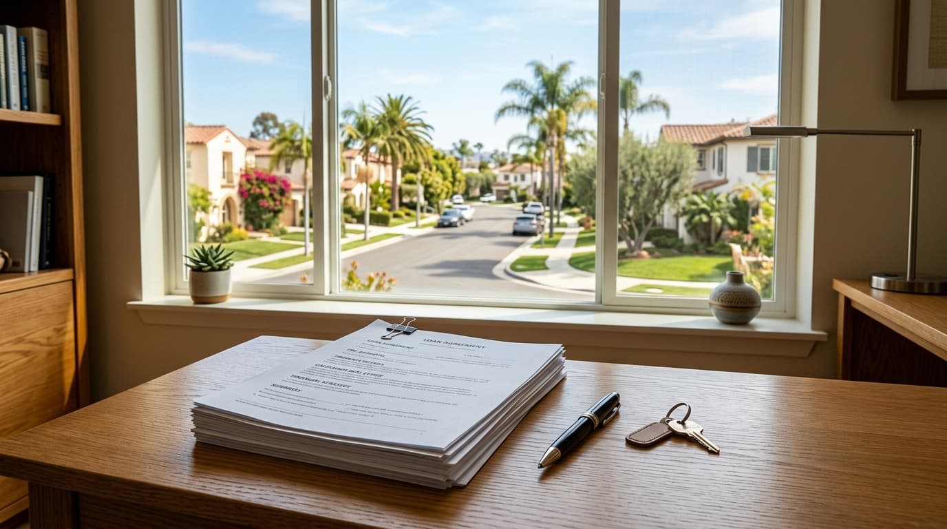 Desk with a stack of loan documents, a pen, and a house key beside a window overlooking a suburban street
