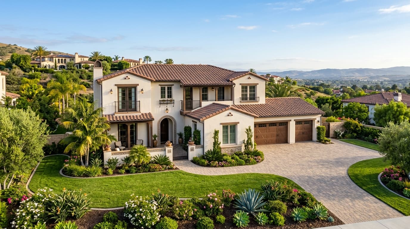 Well-kept two-story Orange County home with a tidy driveway and mature landscaping in morning light