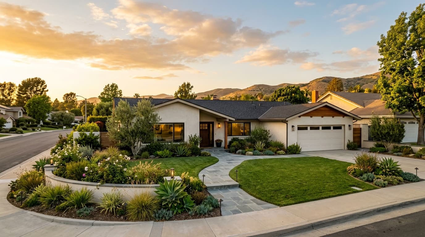 Well-lit exterior of a single-story Southern California home at golden hour with a clean front yard and walkway