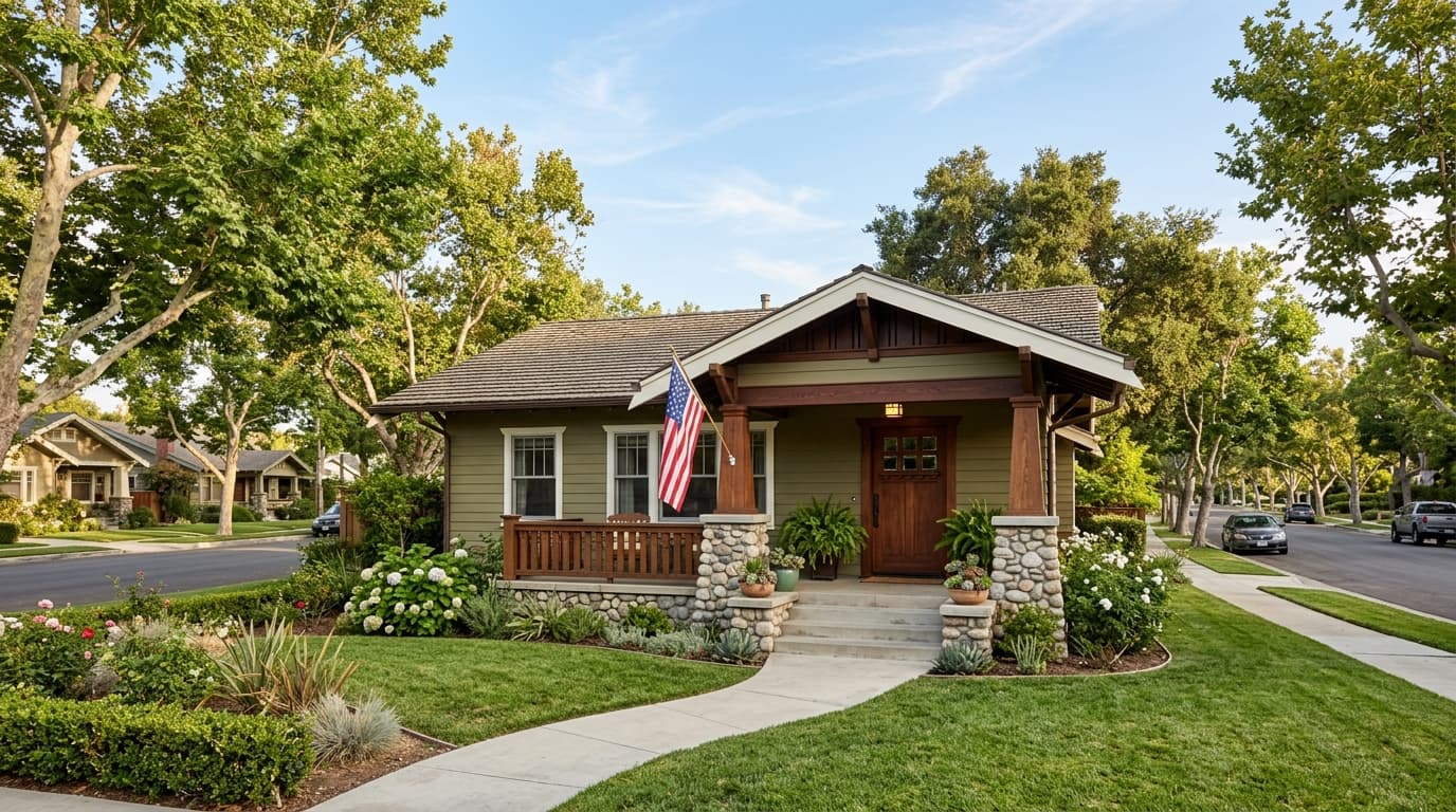 Craftsman-style home with a covered porch and a flagpole bracket on a tree-lined Orange County street