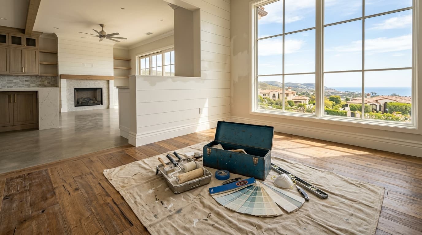 Open toolbox, paint rollers, and swatch cards resting on a drop cloth inside a partially renovated Orange County home
