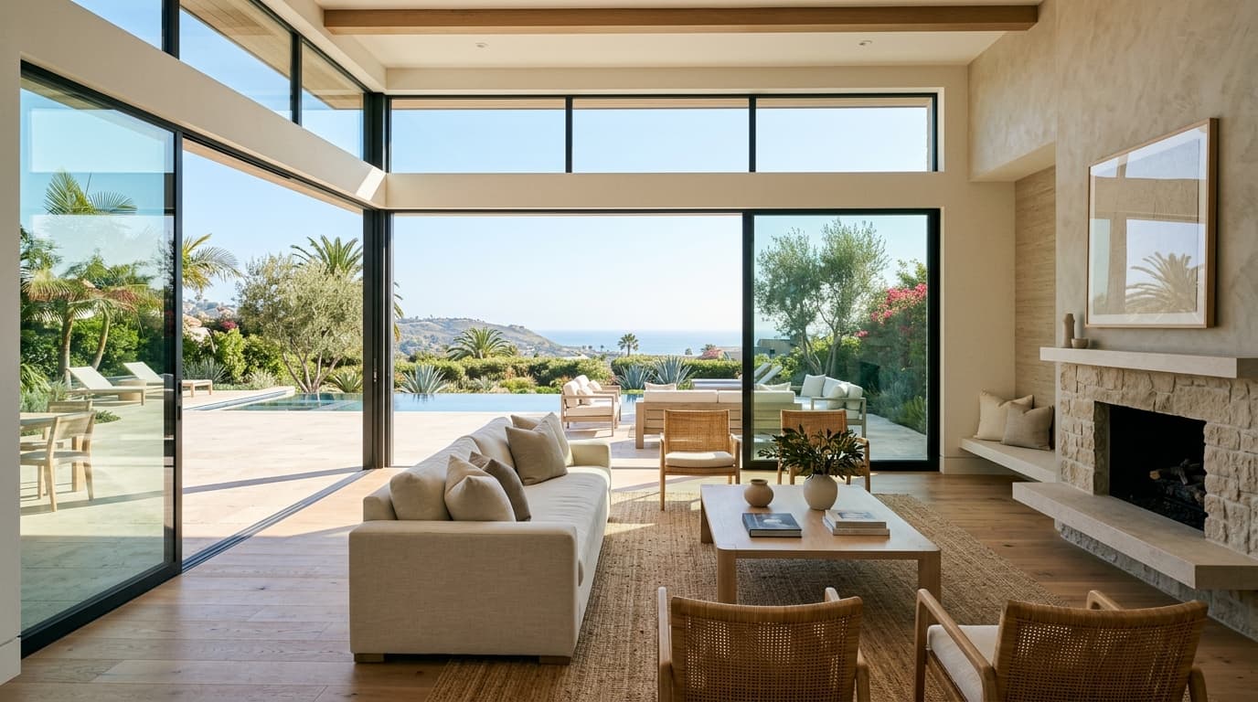 Bright living room with neutral furniture, clear floors, and sunlight through windows in an Orange County home